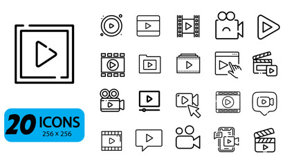 Set of 20 Video and Media Player Icons, Outline Style, 256x256 Pixels