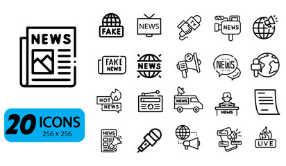 Set of 20 News and Media Icons, Outline Style, 256x256 Pixels