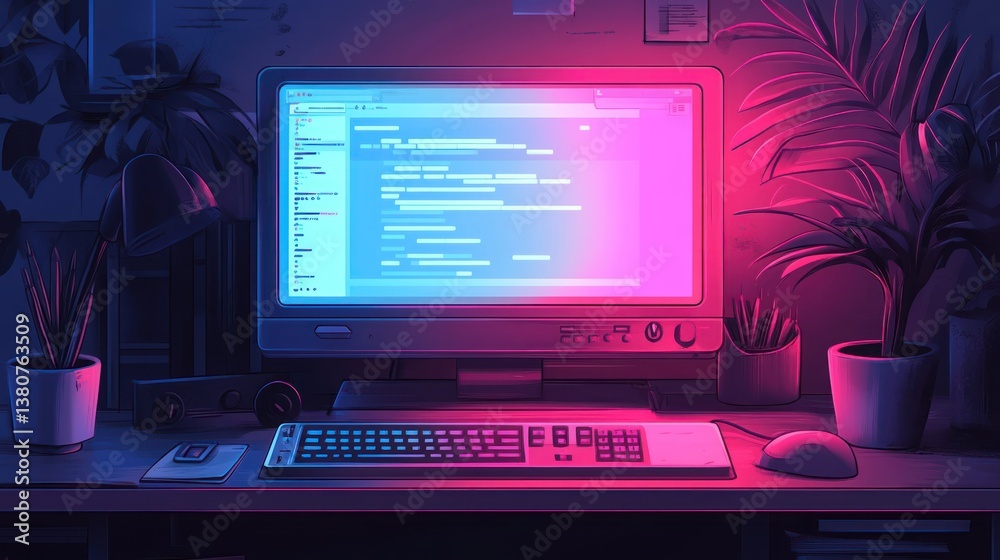 Poster retro computer desk at night with plants and coding on screen.