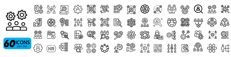 Set of 60 HR and Management Icons, Outline Style, 256x256 Pixels