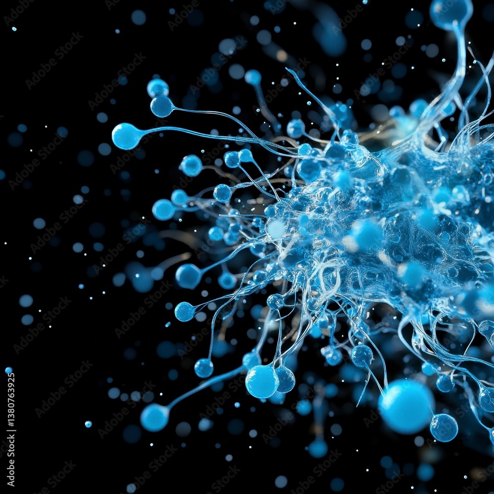Wall mural abstract 3d rendering of a complex network of glowing blue nodes and connections against a black bac