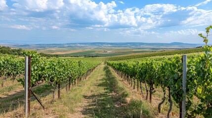 Naklejka premium A scenic vineyard with rows of grapevines stretching towards the horizon, warm and inviting atmosphere