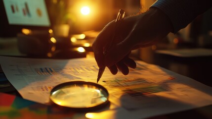 A person in a suit is seen closely examining financial documents with graphs and charts