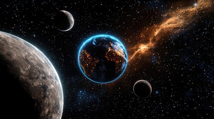 Naklejka premium A sci-fi-inspired celestial background with deep black space and faint glowing star clusters.