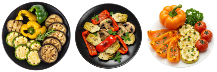 Three plates of grilled vegetables zucchini eggplant peppers tomatoes artichokes and mushrooms.