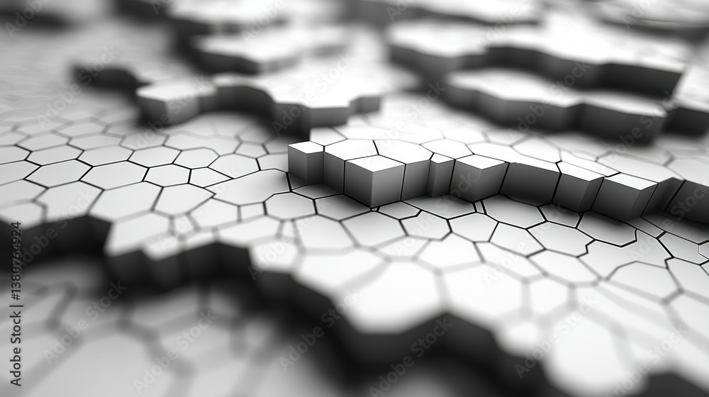 Poster abstract hexagon 3d render: a grayscale digital art piece showcasing a complex, textured surface com