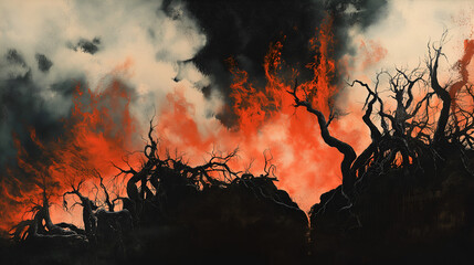 A forest fire spreading rapidly through dry woods, engulfing trees and creating a wall of flames, with smoke rising into the sky