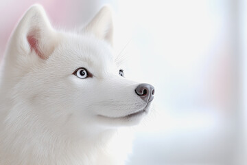 Obraz premium Delightful white dog posing elegantly against a soft pink background with a sweet and endearing expression
