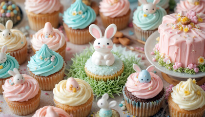Collection of pastel Easter-themed cupcakes with white bunny fondant toppers, blue and pink frosting on white surface with small cake