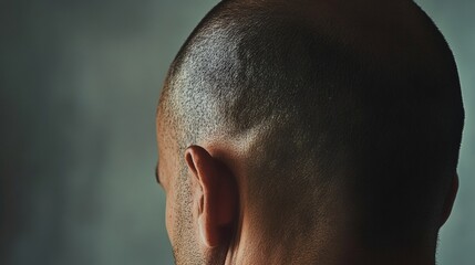 Naklejka premium Close up top view of a man's head with hair transplant surgery with a receding hair line. - 1-5 months after Bald head of hair loss treatment.
