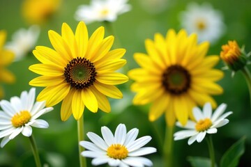 Obraz premium One bright yellow sunflower among white daisies, project, summer, color
