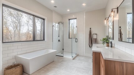 Modern Bathroom With A Glass Shower And White Subway Tiles On The Walls