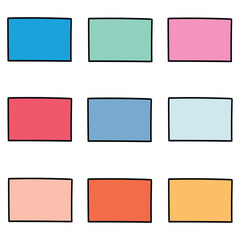 Hand drawn cartoon set of colored rectangles on white background.