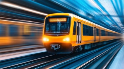 Obraz premium High speed yellow train speeding through a modern city tunnel, motion blur effect, dynamic energy.