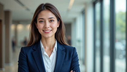 Young woman with brown hair smiling in office corridor wearing navy blue suit and white button-up shirt, standing in front of large windows with natural light