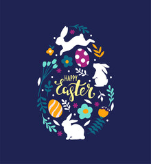 Awesome happy easter card in vector. Funny rabbits and spring flowers with hearts. Stylish holiday background in popular style.Vector illustration.