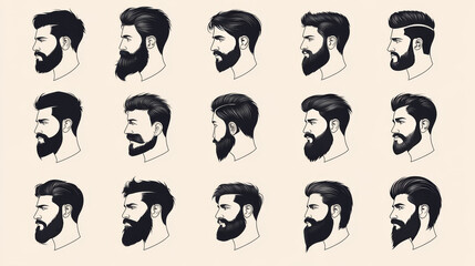 Obraz premium Hipster detailed hair and beards set. Fashion bearded man. Long beard with facial hair. Beard isolated on white background. Vector illustration EPS10