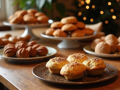 Table full of different types of pastries and baked goods. The table is covered with plates of muffins, cookies, and other treats