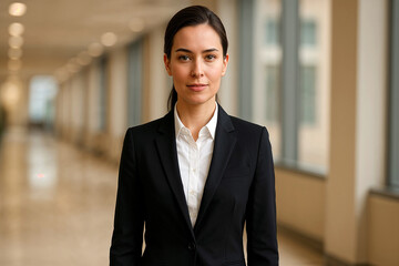 Woman with dark brown hair wearing black suit and white button-up shirt standing in modern office hallway with beige walls and bright lighting, professional portrait with neutral expression