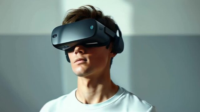 Portrait of a young man in VR glasses: Embracing new technology and immersive environments in a modern minimalist green room with shadows on the walls setting.