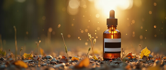Sunset light shines on a glass bottle on the forest floor