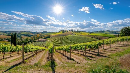 A vineyard stretching across rolling hills, bathed in warm sunlight.