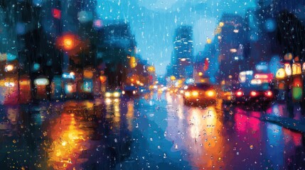 Rainy night city street, blurred lights, raindrops on window, urban background, website banner