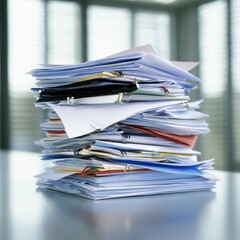High stack of papers and binders on a table, documents, office work, paperwork.