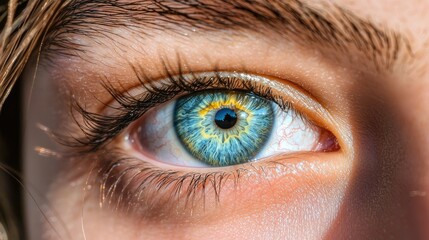 Fototapeta premium A vivid blue eye, zoomed in to highlight the fine details and mesmerizing patterns.