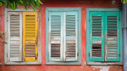 Fototapeta premium A series of weathered, colorful shutters on a quaint seaside house, vintage charm. pic