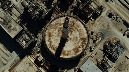 Fototapeta premium Aerial view abandoned industrial chimney, refinery complex, desert, environmental impact, industrial decay