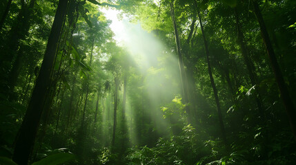 A lush green rainforest with ray sunlight filter