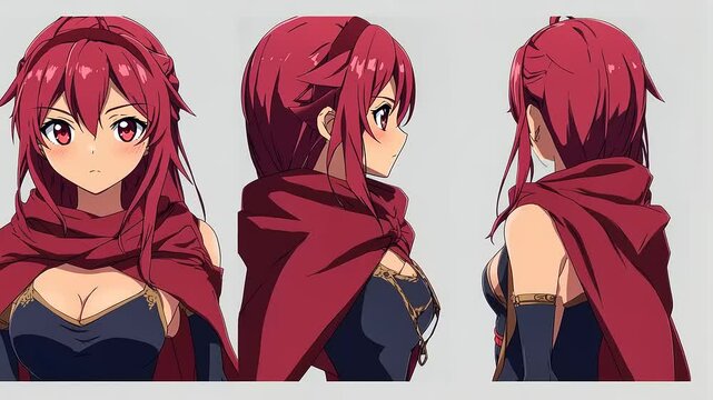 Anime Girl Character Design:  Three-Quarter View Red Hair, Red Cape, Elegant Pose