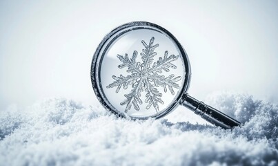 Magnifying glass reveals snowflake detail in snowy landscape, winter science concept