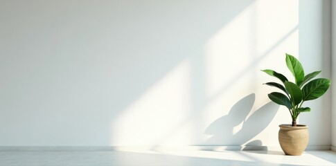 Intricate leaf shadows dance on a bright white wall , clean, natural light, elegant