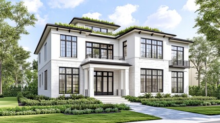 Luxury white two story house with green roof and black windows, sunny day