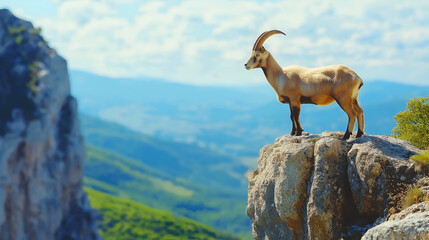 Obraz premium A majestic mountain goat standing on a rocky cliff overlooking a breathtaking vista