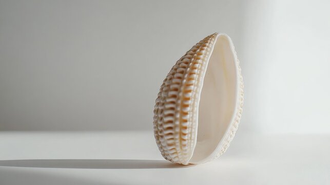 Beautiful Cowry mollusk shell isolated on white background, close up