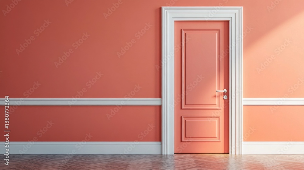 Poster a beautifully designed door in soft coral color adds warmth to a well-lit room. the elegant frame an