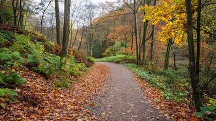 Obraz premium Colorful autumn leaves covering a trail through an enchanted woodland.