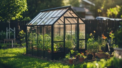 Backyard greenhouse gardening sunset plants flowers