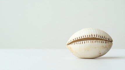 Beautiful Cowry mollusk shell isolated on white background, close up