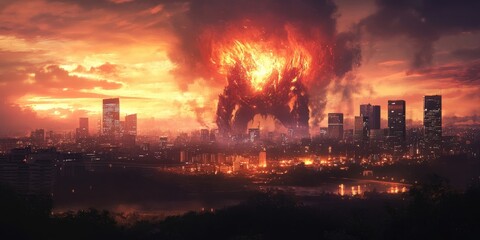 Massive kaiju monster towering over a city skyline, glowing with energy
