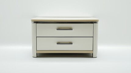 Elegant Two Drawer Nightstand in Off White with Beige Top Modern Minimalist Design Clean Lines Sleek Metal Handles Perfect for Bedroom or Living Room Simple and Stylish