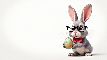 Fototapeta premium Nerdy Rabbit with Glasses and Bow Tie Holding Easter Egg