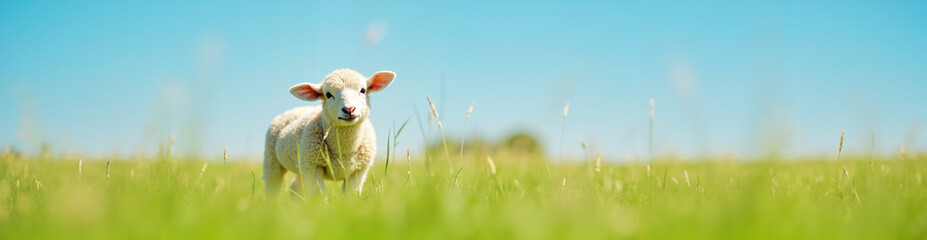 Obraz premium Young lamb grazing in a lush green field against a clear sky