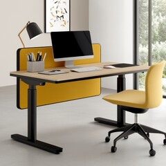 Naklejka premium Modern office workspace with adjustable height desk, mustard yellow screen divider, and matching chair. Bright, airy room with large window.