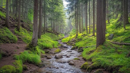 Obraz premium A quiet mountain stream winding through a dense forest of tall pines pic