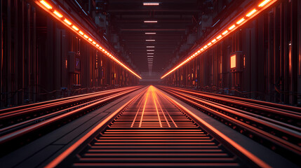 A futuristic, illuminated industrial corridor with glowing tracks and high-tech elements, creating a sense of depth and motion.