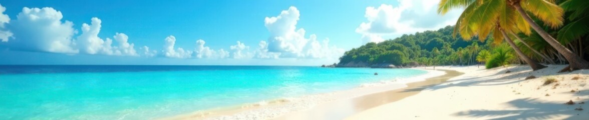 Fototapeta premium Sun-drenched beach, turquoise water, vibrant sky, horizon, tropical, ocean